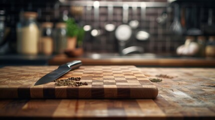 A professional wooden chopping board with a French chefs knife sitting on it to one side