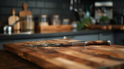 A professional wooden chopping board with a French chefs knife sitting on it to one side