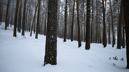 Wall Mural - Beautiful dive into winter forest. Media. Video walk in calm winter forest. Beautiful wild forest with snow on winter day