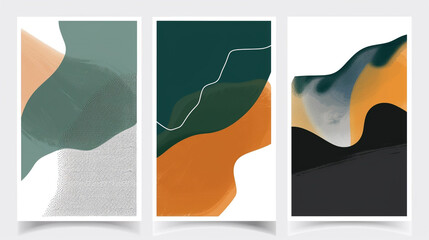 Wall Mural - Three abstract vector pieces in jade, amber, and charcoal for a sophisticated aesthetic,