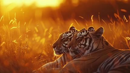 Tiger and tigress lie in the grass in the wild Savannah
