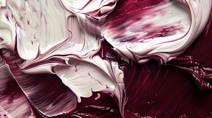 Wall Mural - Abstract art in maroon and creamy white, detailed closeup showing palette knife and brushstrokes,