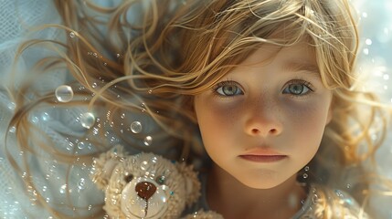 Unique underwater portrait of a child with flowing hair surrounded by bubbles