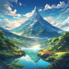 Sticker - AI generated illustration of Scenic mountain and lake landscape painting by an artist