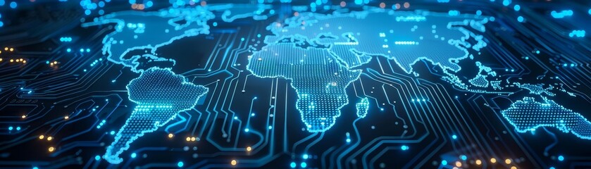 Abstract blue tech background with glowing light spots evokes a digital circuit board or global network connection