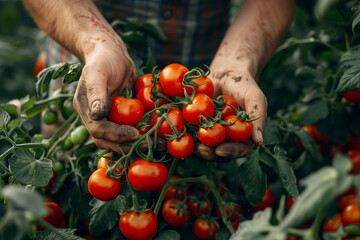 Close up of farmer male hands picking red cherry tomatoes. Organic food, harvesting and farming concept