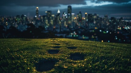 Wall Mural - A city skyline is visible in the background with a grassy hill in the foreground