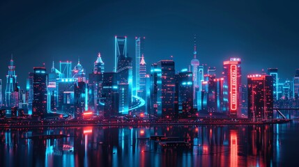 Canvas Print - A city skyline with neon lights and a large sign that says 