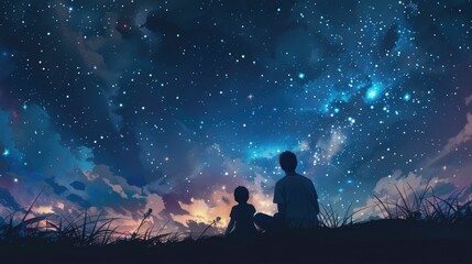 Father and Child Sharing the Wonders of the Vast Universe Together A Tranquil Bonding Moment Under the Starry Night Sky