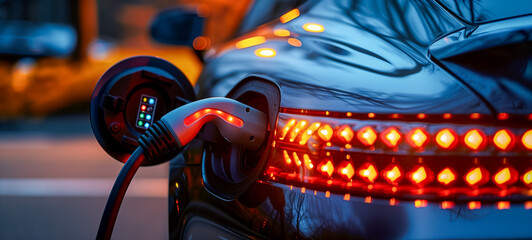 Wall Mural - Electric car charging with glowing rear lights at dusk