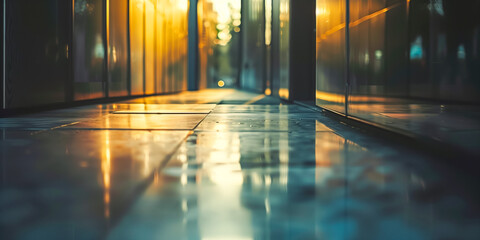 Abstract reflection of sunlight on a tiled walkway at sunset