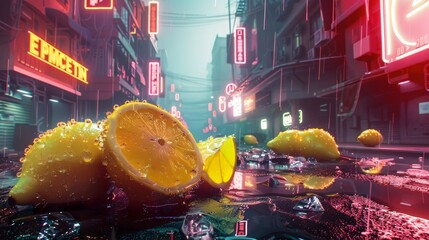 Wall Mural - A close up of three oranges in a puddle of water