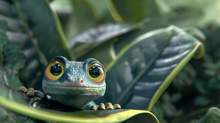 A cute green gecko with big eyes is hiding behind the leaves