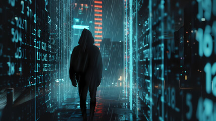 Wall Mural - Back view of a hacker with cyber security concept