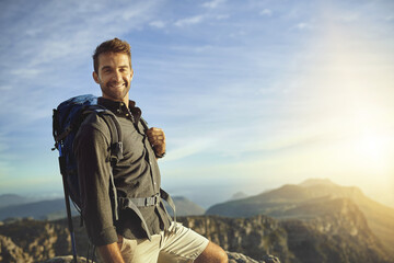 Poster - Portrait, mountains and hiking with man, fitness and journey with nature, sunshine and adventure. Hobby, person and hiker with backpack, health and environment with happiness, holiday or getaway trip