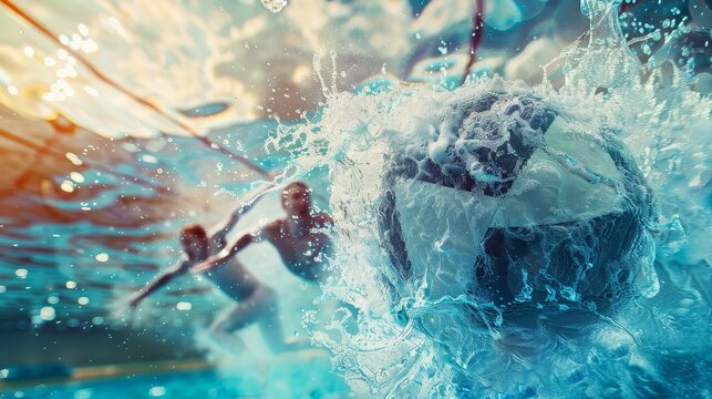 water polo ball caught mid-air during pass, selective focus, teamwork, ethereal, double exposure, sp