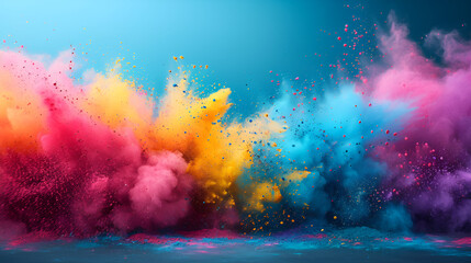 Colorful powder exploding vividly on a blue background.