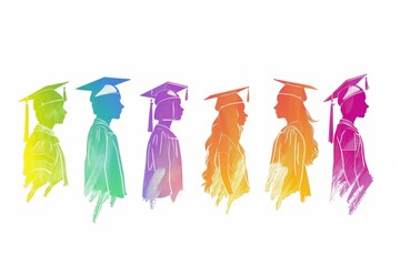 Colorful Silhouettes of Graduates in Cap and Gown Celebrating Diversity and Academic Achievement