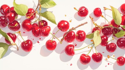 Sticker - Ripe cherries and halved cherries are elegantly showcased against a pristine white backdrop