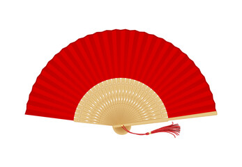 Red foldable Asian fan with tassel realistic vector illustration. Accessory of Chinese lady from old times 3d object on white background