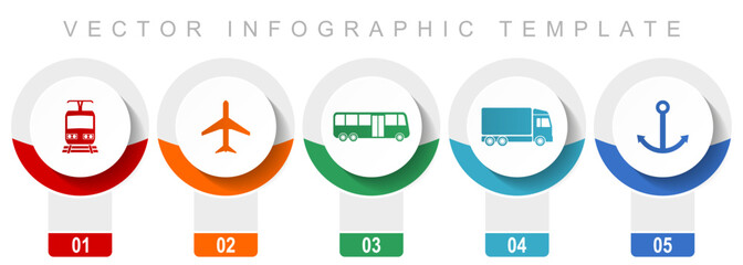 Poster - Transport icon set, miscellaneous vector icons such as train, plane, bus, truck and anchor, modern design infographic template, web buttons in 5 color options