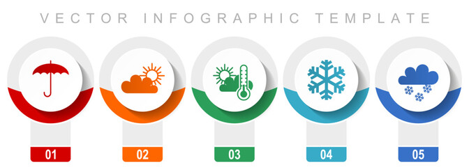 Fototapete - Weather forecast icon set, miscellaneous vector icons such as umbrella, clouds, sun and snowflake, modern design infographic template, web buttons in 5 color options