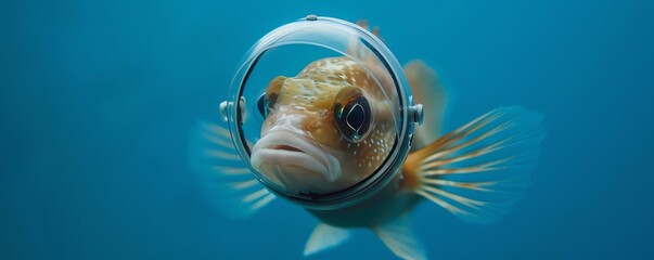 A fish in a space helmet floating on a deep blue background