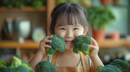 Wall Mural - Asian chinese female child act cute with hand holding broccoli putting in front of her eyes with smiling face at kitchen.