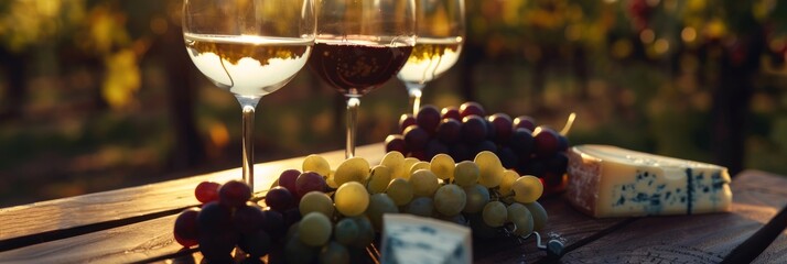Wall Mural - Elegant wine tasting setup in an old vineyard, with glasses of red and white wine, grapes, and aged cheeses on a wooden table, bathed in the golden hour light, ai generated