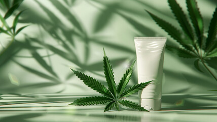 cosmetic cream tube mockup with cannabis leaf on background