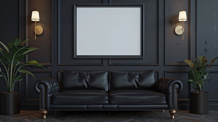 Wall Mural - empty picture frame hanging on the wall with black leather sofa black leather sofa