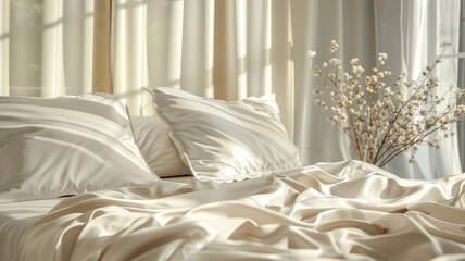 bedroom interior with white bed linen and beige satin fabric