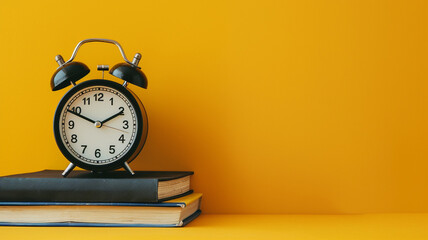 Wall Mural - black alarm clock and books on table against yellow background with copy space for text