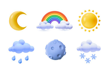 3d weather icons for web. cloud, sun, rainbow , moon and rain. cute cartoon day night morning design