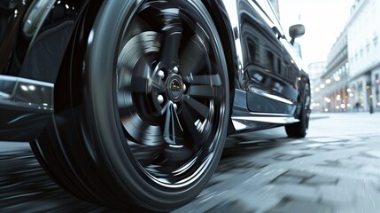 Wall Mural - close up wheel of car on road with city background