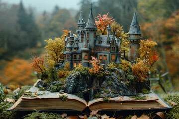 A fantasy novel book opened and laying flat on a wooden table, a miniature castle of a great kingdom with mist and fog appeared from the book.