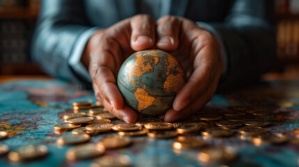 Poster - hand holding globe with coin, investment concept