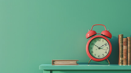 Red alarm clock and books on table against green background with copy space for text