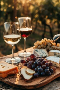 Elegant wine tasting setup in an old vineyard, with glasses of red and white wine, grapes, and aged cheeses on a wooden table, bathed in the golden hour light, ai generated