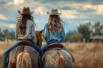 Poster - Two women enjoying horseback riding in a scenic field. Perfect for outdoor and adventure themes