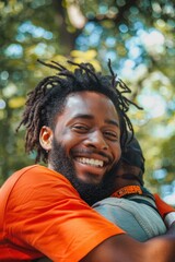 Wall Mural - Smiling man with dreadlocks holding a child, suitable for family and parenting concepts