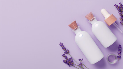 Wall Mural - Photo on a light purple background of two white bottles of lavender oil with a natural stopper and lavender sprigs, which are on the right of the composition. View from above.