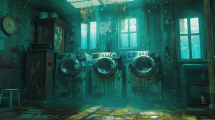 Wall Mural - A dirty, dark room with a washer and dryer