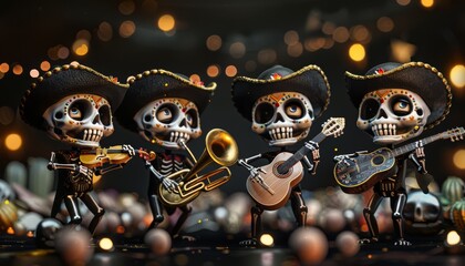 A cute illustration of a Mexican mariachi band made up of calaveritas skeletons. Each member has big, adorable eyes, generated with AI
