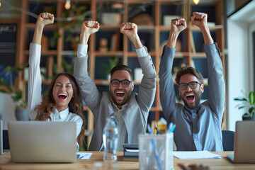 Group of successful business professionals celebrating project success at office.