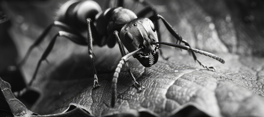 Sticker - Close-up black and white photo of a bug on a leaf. Suitable for educational materials or nature publications