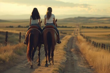 Poster - Two women riding horses on a scenic dirt road, perfect for outdoor and adventure themes