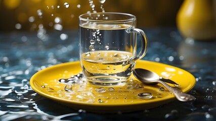 Wall Mural - Cutlery and dishes submerged in bubbling water. A fork, spoons, mug, and yellow plate are washed on a bubble backdrop. Water is used to wash dishes close-up macro