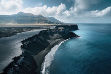 Sticker - Aerial view of a stunning black sand beach. Perfect for travel websites and nature blogs