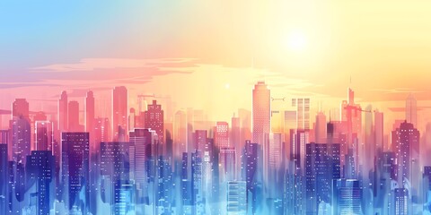 Wall Mural - a city skyline with a bright sun in the background